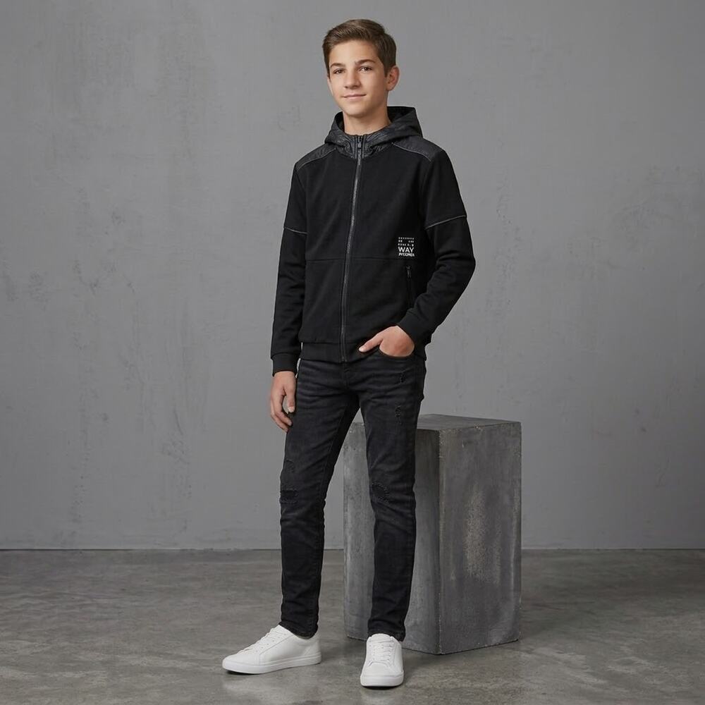 IKKS Boys Space Explorer Mixed-Media Full Zip Black Track Jacket Hoodie sz 14